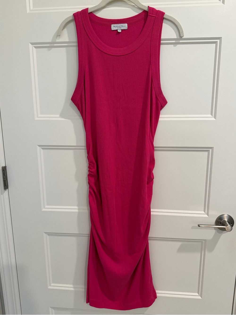Michael Stars Wren Ruched Ribbed Midi Dress in Magenta, size LP (Large Petite)